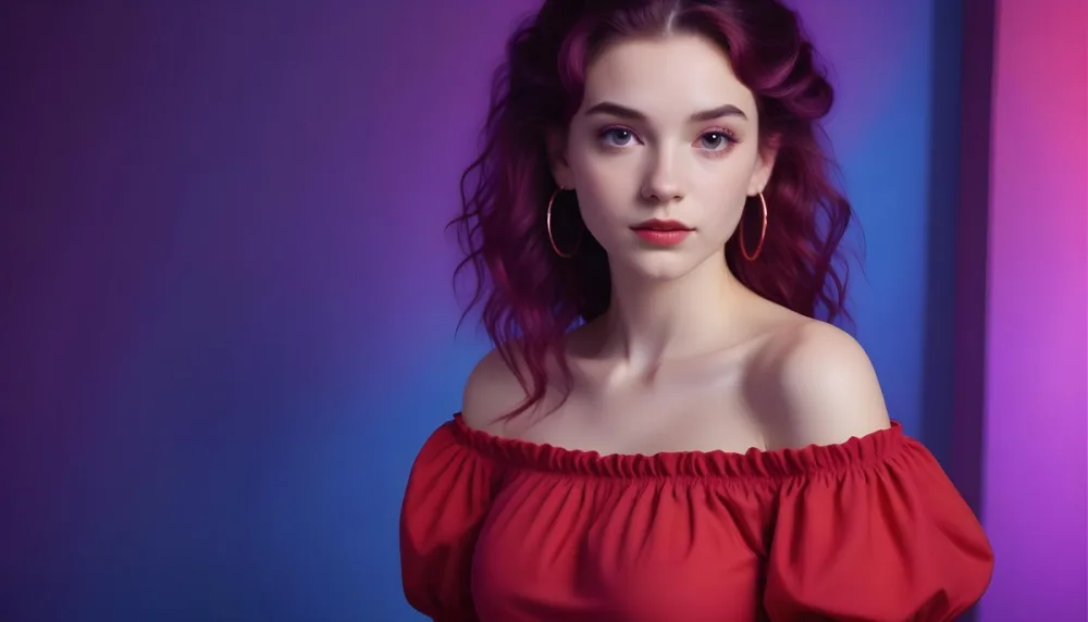 A Young Woman With Fair Skin And Long Wavy Purple Hair Approximately 20 Years Old She Is Wearing A Vibrant Red Off The Shoulder Top With Puffed Sleeves The Background Has A Gradient Of Purple And Blue Lighting Creat 35 5309