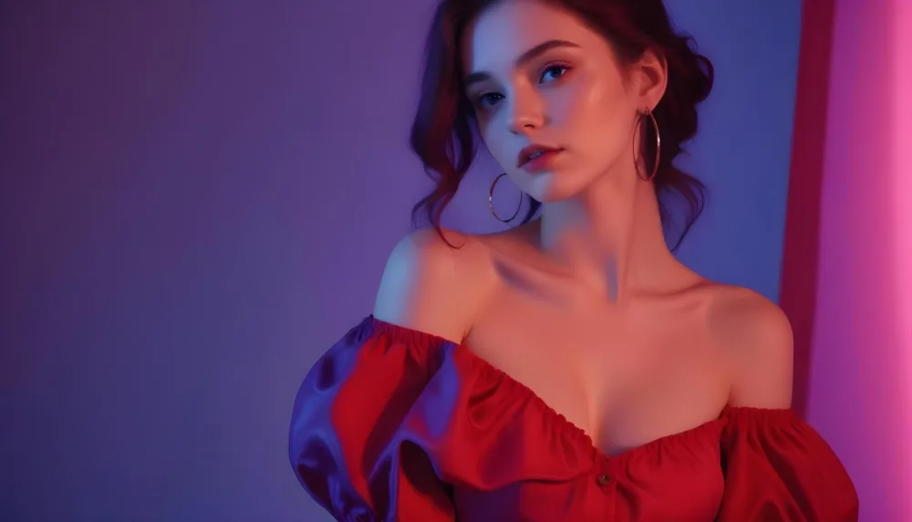 A Young Woman With Fair Skin And Long Wavy Purple Hair Approximately 20 Years Old She Is Wearing A Vibrant Red Off The Shoulder Top With Puffed Sleeves The Background Has A Gradient Of Purple And Blue Lighting Creat 4 4cf2
