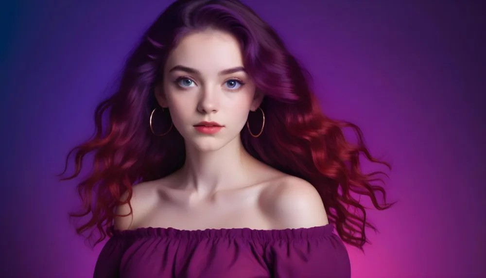 A Young Woman With Fair Skin And Long Wavy Purple Hair Approximately 20 Years Old She Is Wearing A Vibrant Red Off The Shoulder Top With Puffed Sleeves The Background Has A Gradient Of Purple And Blue Lighting Creat 40 D4bd