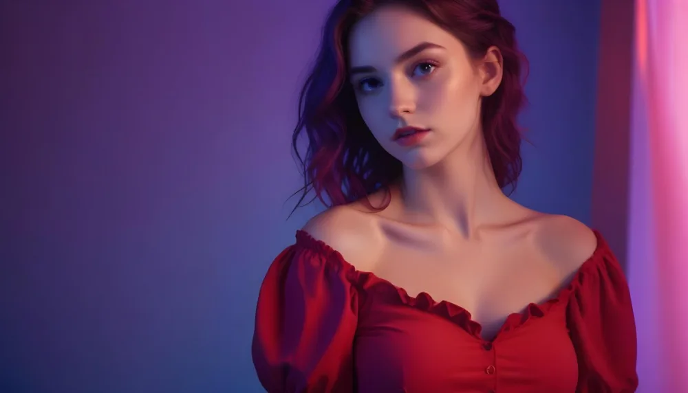 A Young Woman With Fair Skin And Long Wavy Purple Hair Approximately 20 Years Old She Is Wearing A Vibrant Red Off The Shoulder Top With Puffed Sleeves The Background Has A Gradient Of Purple And Blue Lighting Creat 49 6462