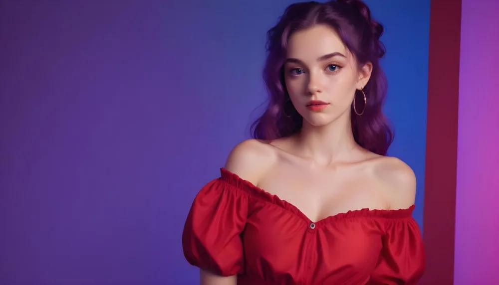 A Young Woman With Fair Skin And Long Wavy Purple Hair Approximately 20 Years Old She Is Wearing A Vibrant Red Off The Shoulder Top With Puffed Sleeves The Background Has A Gradient Of Purple And Blue Lighting Creat 59 Da53