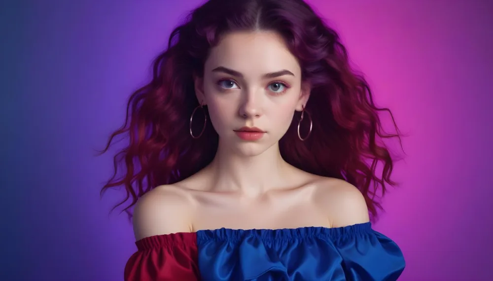 A Young Woman With Fair Skin And Long Wavy Purple Hair Approximately 20 Years Old She Is Wearing A Vibrant Red Off The Shoulder Top With Puffed Sleeves The Background Has A Gradient Of Purple And Blue Lighting Creat 65 2611