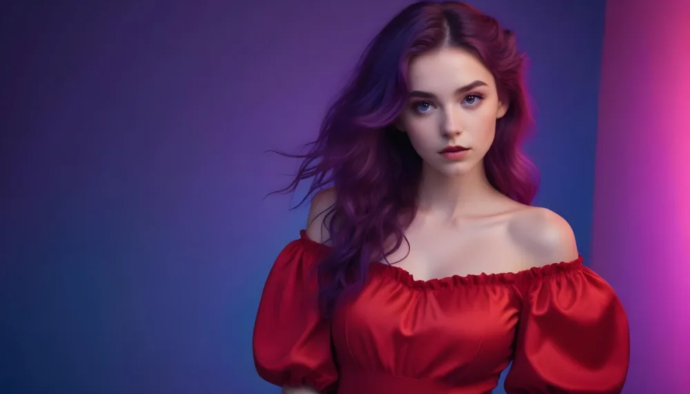 A Young Woman With Fair Skin And Long Wavy Purple Hair Approximately 20 Years Old She Is Wearing A Vibrant Red Off The Shoulder Top With Puffed Sleeves The Background Has A Gradient Of Purple And Blue Lighting Creat 7 1973