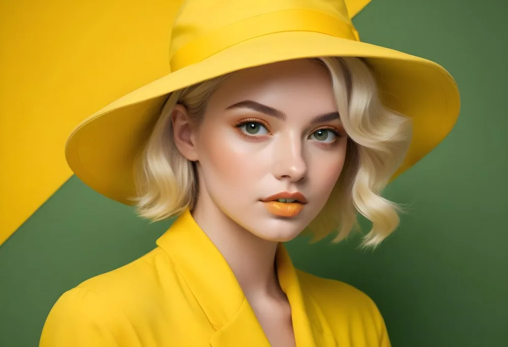 A Young Woman With Fair Skin And Platinum Blonde Hair Styled In Soft Waves She Is Wearing A Bright Yellow Oversized Hat And A Matching Yellow Outfit Her Makeup Features Bold Green Eyeshadow Accentuating Her Striking 13 Bbe9