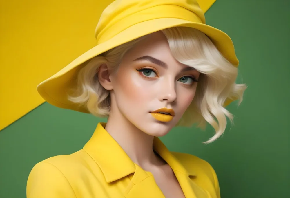 A Young Woman With Fair Skin And Platinum Blonde Hair Styled In Soft Waves She Is Wearing A Bright Yellow Oversized Hat And A Matching Yellow Outfit Her Makeup Features Bold Green Eyeshadow Accentuating Her Striking 14 57bd