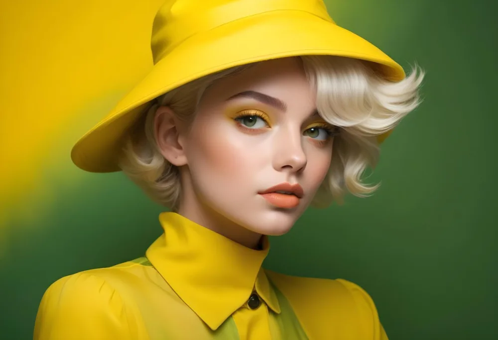 A Young Woman With Fair Skin And Platinum Blonde Hair Styled In Soft Waves She Is Wearing A Bright Yellow Oversized Hat And A Matching Yellow Outfit Her Makeup Features Bold Green Eyeshadow Accentuating Her Striking 21 2710