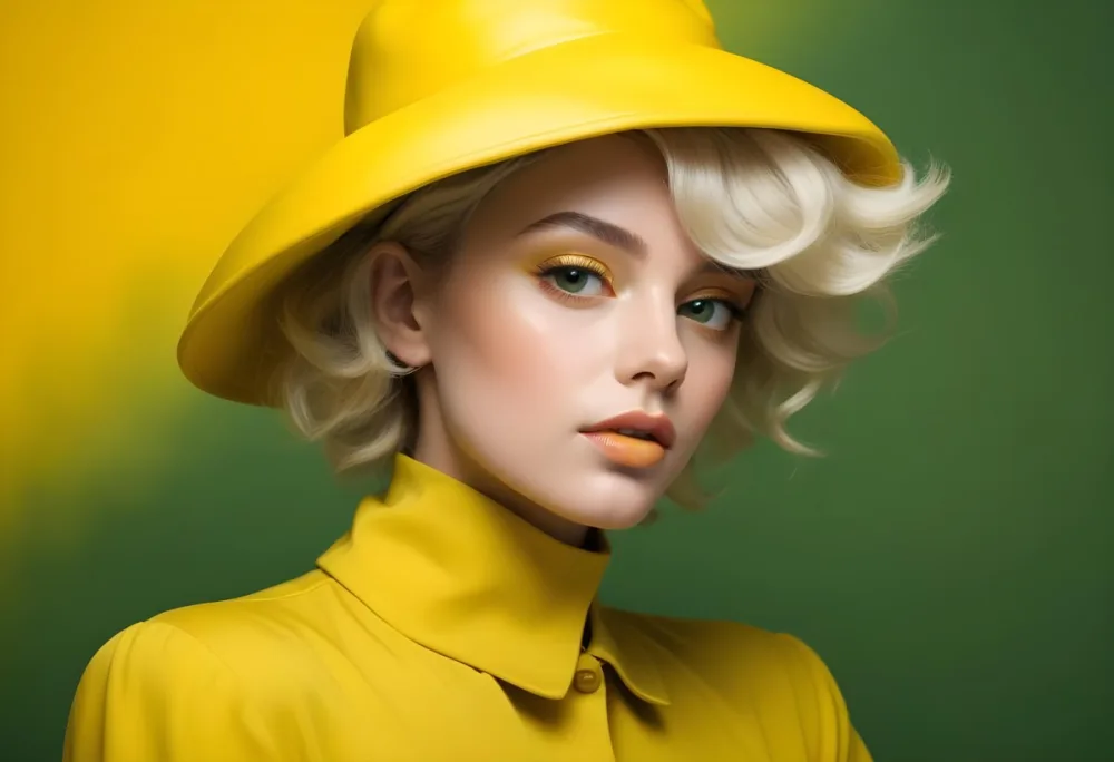 A Young Woman With Fair Skin And Platinum Blonde Hair Styled In Soft Waves She Is Wearing A Bright Yellow Oversized Hat And A Matching Yellow Outfit Her Makeup Features Bold Green Eyeshadow Accentuating Her Striking 23 6929