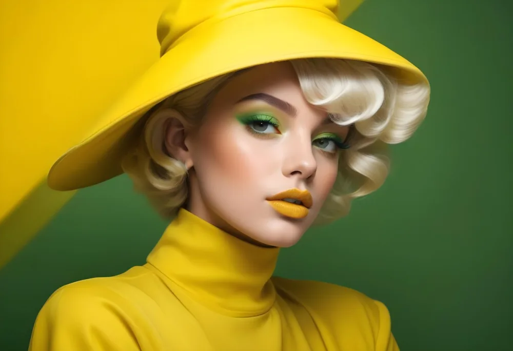 A Young Woman With Fair Skin And Platinum Blonde Hair Styled In Soft Waves She Is Wearing A Bright Yellow Oversized Hat And A Matching Yellow Outfit Her Makeup Features Bold Green Eyeshadow Accentuating Her Striking 24 72d3