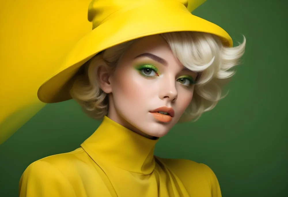 A Young Woman With Fair Skin And Platinum Blonde Hair Styled In Soft Waves She Is Wearing A Bright Yellow Oversized Hat And A Matching Yellow Outfit Her Makeup Features Bold Green Eyeshadow Accentuating Her Striking 31 B941