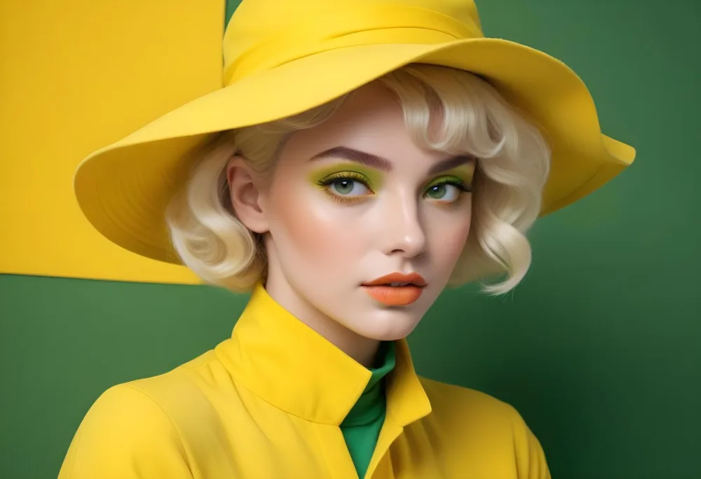 A Young Woman With Fair Skin And Platinum Blonde Hair Styled In Soft Waves She Is Wearing A Bright Yellow Oversized Hat And A Matching Yellow Outfit Her Makeup Features Bold Green Eyeshadow Accentuating Her Striking 38 D167
