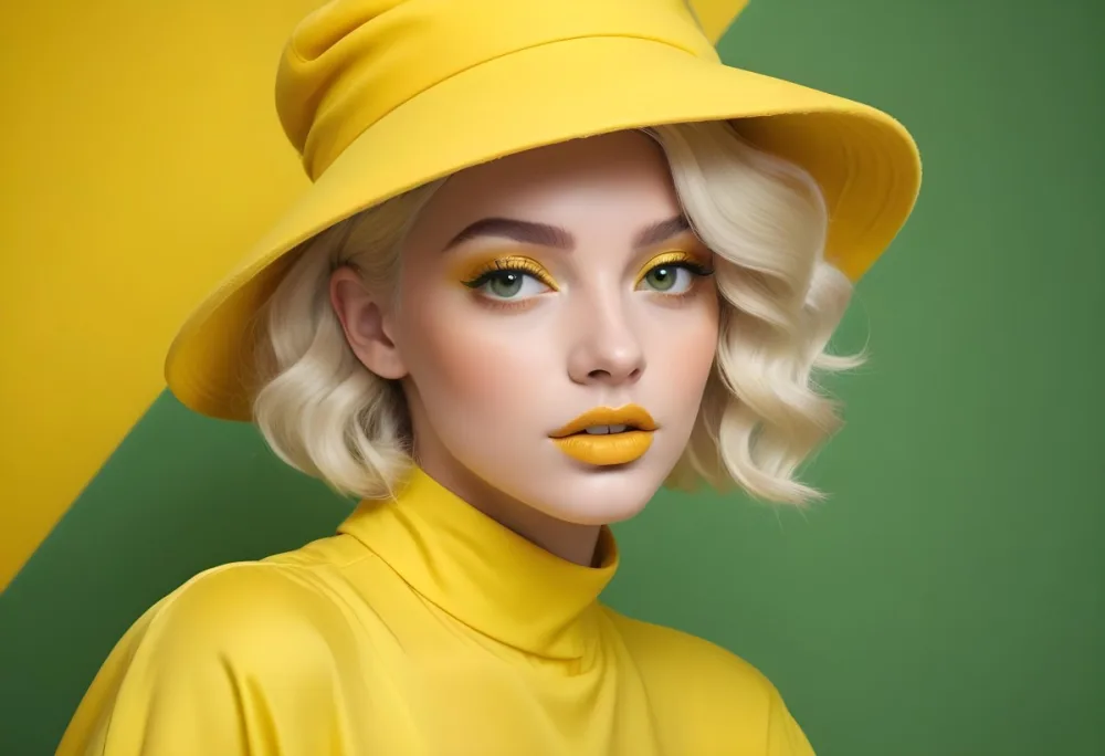 A Young Woman With Fair Skin And Platinum Blonde Hair Styled In Soft Waves She Is Wearing A Bright Yellow Oversized Hat And A Matching Yellow Outfit Her Makeup Features Bold Green Eyeshadow Accentuating Her Striking 47 A6e4