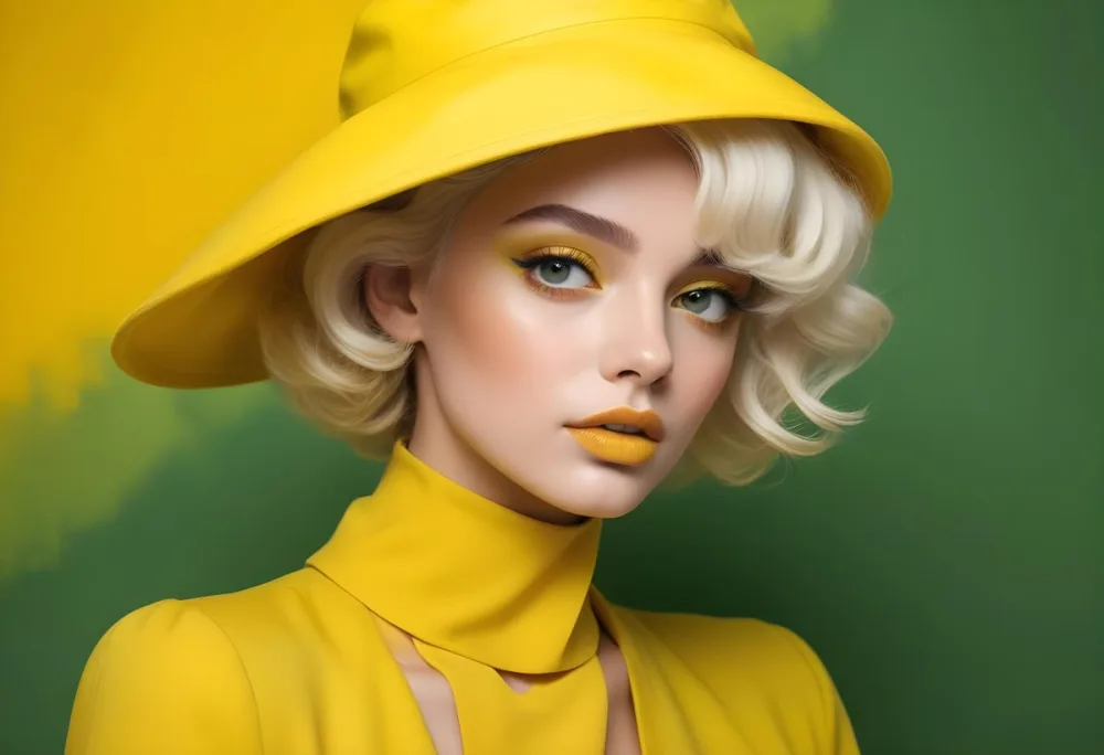 A Young Woman With Fair Skin And Platinum Blonde Hair Styled In Soft Waves She Is Wearing A Bright Yellow Oversized Hat And A Matching Yellow Outfit Her Makeup Features Bold Green Eyeshadow Accentuating Her Striking 53 6003