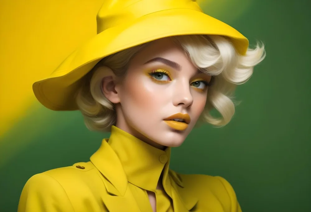 A Young Woman With Fair Skin And Platinum Blonde Hair Styled In Soft Waves She Is Wearing A Bright Yellow Oversized Hat And A Matching Yellow Outfit Her Makeup Features Bold Green Eyeshadow Accentuating Her Striking 56 A443