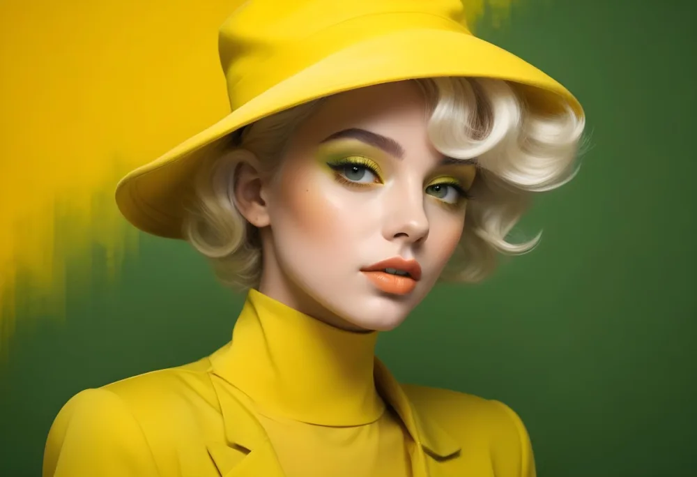 A Young Woman With Fair Skin And Platinum Blonde Hair Styled In Soft Waves She Is Wearing A Bright Yellow Oversized Hat And A Matching Yellow Outfit Her Makeup Features Bold Green Eyeshadow Accentuating Her Striking 58 49e9