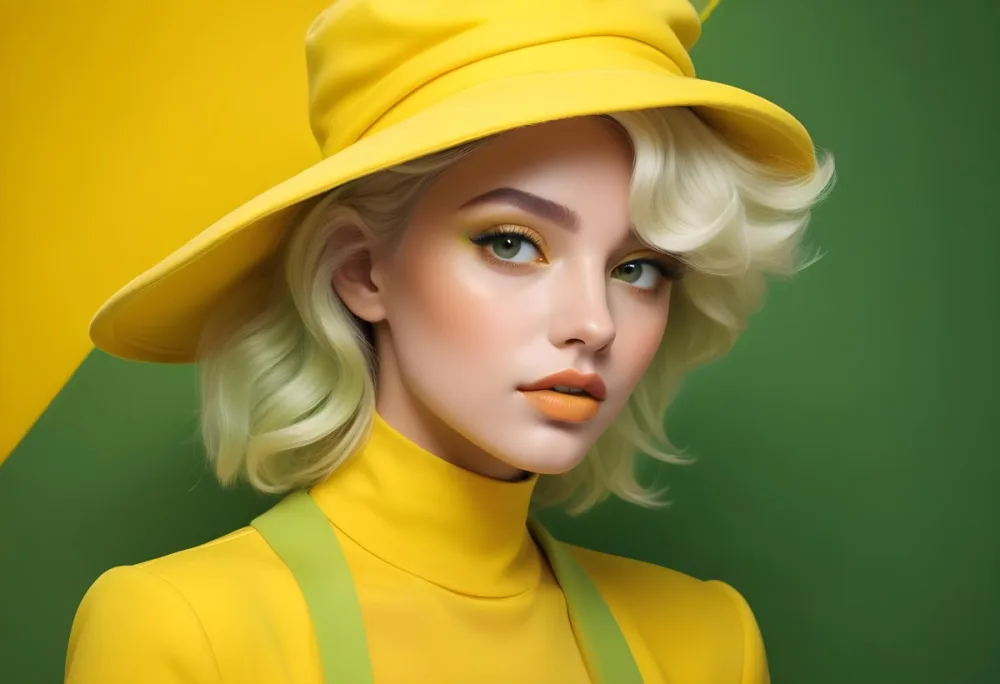 A Young Woman With Fair Skin And Platinum Blonde Hair Styled In Soft Waves She Is Wearing A Bright Yellow Oversized Hat And A Matching Yellow Outfit Her Makeup Features Bold Green Eyeshadow Accentuating Her Striking 63 55ce