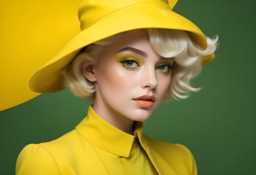 A Young Woman With Fair Skin And Platinum Blonde Hair Styled In Soft Waves She Is Wearing A Bright Yellow Oversized Hat And A Matching Yellow Outfit Her Makeup Features Bold Green Eyeshadow Accentuating Her Striking 68 F06f