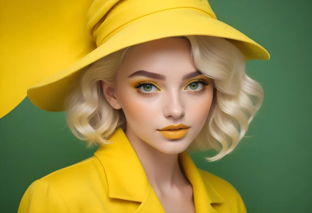 A Young Woman With Fair Skin And Platinum Blonde Hair Styled In Soft Waves She Is Wearing A Bright Yellow Oversized Hat And A Matching Yellow Outfit Her Makeup Features Bold Green Eyeshadow Accentuating Her Striking 8 01bf