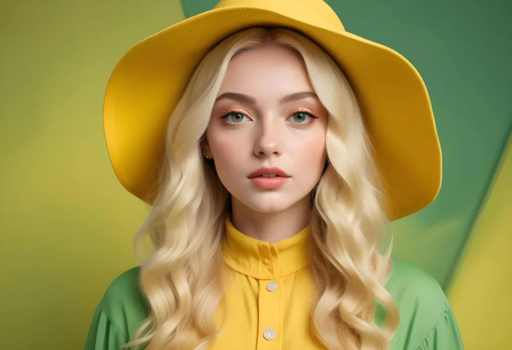 A Young Woman With Fair Skin And Platinum Blonde Hair Styled In Soft Waves She Is Wearing A Bright Yellow Oversized Hat And A Matching Yellow Outfit Her Makeup Features Bold Green Eyeshadow Accentuating Her Striking 9 Deaa