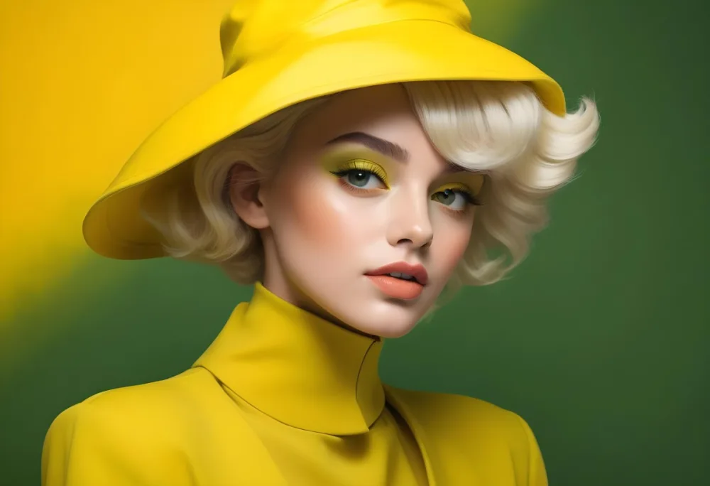 A Young Woman With Fair Skin And Platinum Blonde Hair Styled In Soft Waves She Is Wearing A Bright Yellow Oversized Hat And A Matching Yellow Outfit Her Makeup Features Bold Green Eyeshadow Accentuating Her Striking 9d32