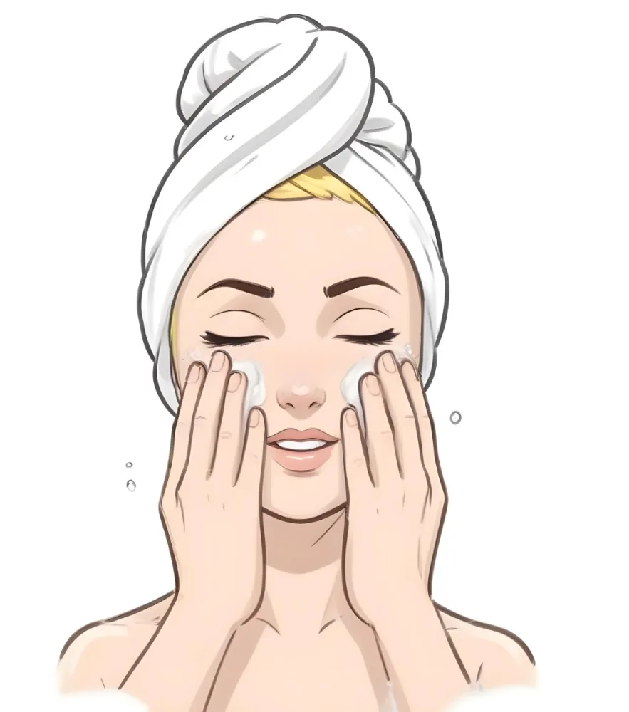 A Young Woman With Fair Skin And Short Blonde Hair Wearing A White Towel On Her Head Gently Washing Her Face With Her Hands In A Bright Bathroom 17 8ce9