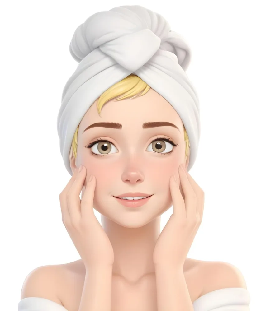 A Young Woman With Fair Skin And Short Blonde Hair Wearing A White Towel On Her Head Gently Washing Her Face With Her Hands In A Bright Bathroom 20 7e00