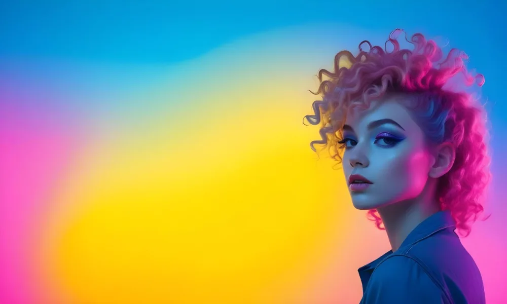 A Young Woman With Fair Skin And Vibrant Curly Hair That Transitions From Pink To Blonde She Has A Striking Profile With Bold Makeup Accentuating Her Features The Background Features A Gradient Of Blue A 10 A231
