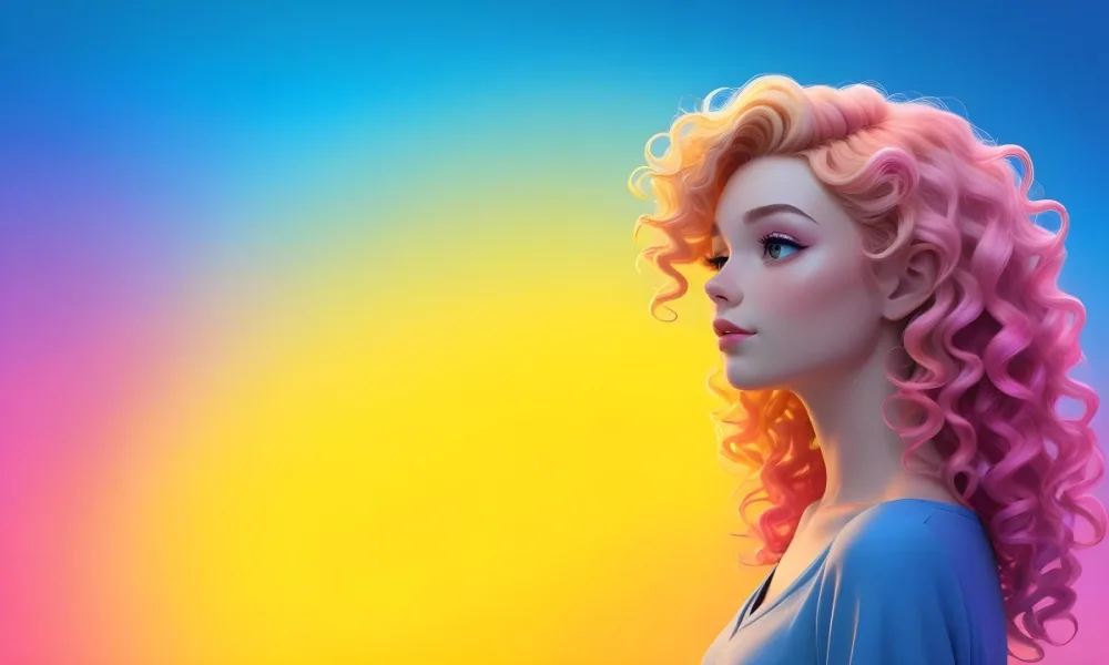 A Young Woman With Fair Skin And Vibrant Curly Hair That Transitions From Pink To Blonde She Has A Striking Profile With Bold Makeup Accentuating Her Features The Background Features A Gradient Of Blue A 14 9d96