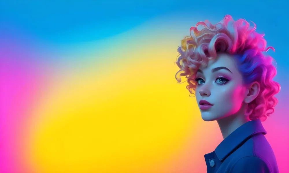 A Young Woman With Fair Skin And Vibrant Curly Hair That Transitions From Pink To Blonde She Has A Striking Profile With Bold Makeup Accentuating Her Features The Background Features A Gradient Of Blue A 18 5de5