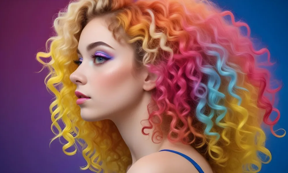 A Young Woman With Fair Skin And Vibrant Curly Hair That Transitions From Pink To Blonde She Has A Striking Profile With Bold Makeup Accentuating Her Features The Background Features A Gradient Of Blue A 39 Ee9a