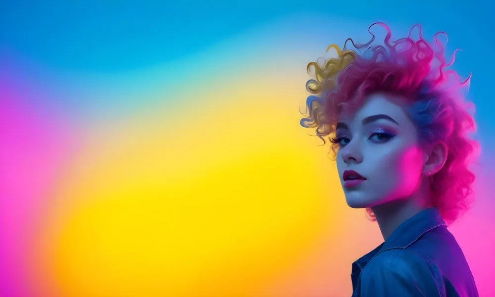 A Young Woman With Fair Skin And Vibrant Curly Hair That Transitions From Pink To Blonde She Has A Striking Profile With Bold Makeup Accentuating Her Features The Background Features A Gradient Of Blue A 4 362d