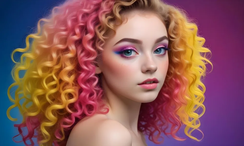 A Young Woman With Fair Skin And Vibrant Curly Hair That Transitions From Pink To Blonde She Has A Striking Profile With Bold Makeup Accentuating Her Features The Background Features A Gradient Of Blue A 42 2510