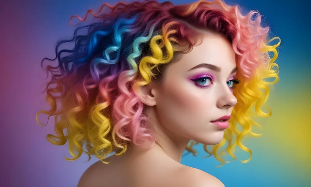 A Young Woman With Fair Skin And Vibrant Curly Hair That Transitions From Pink To Blonde She Has A Striking Profile With Bold Makeup Accentuating Her Features The Background Features A Gradient Of Blue A 46 967c