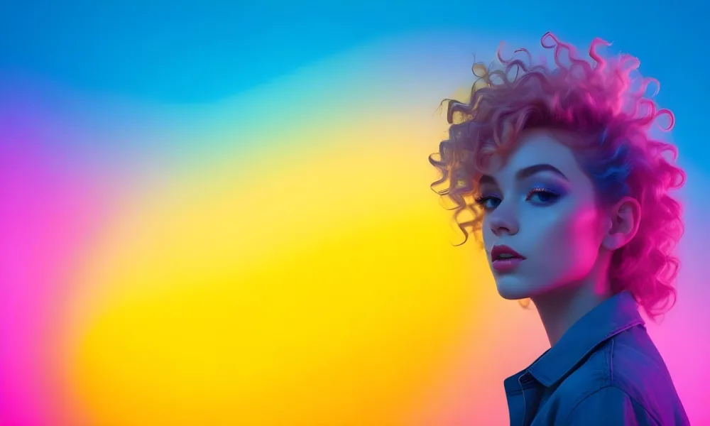 A Young Woman With Fair Skin And Vibrant Curly Hair That Transitions From Pink To Blonde She Has A Striking Profile With Bold Makeup Accentuating Her Features The Background Features A Gradient Of Blue A 53 B743
