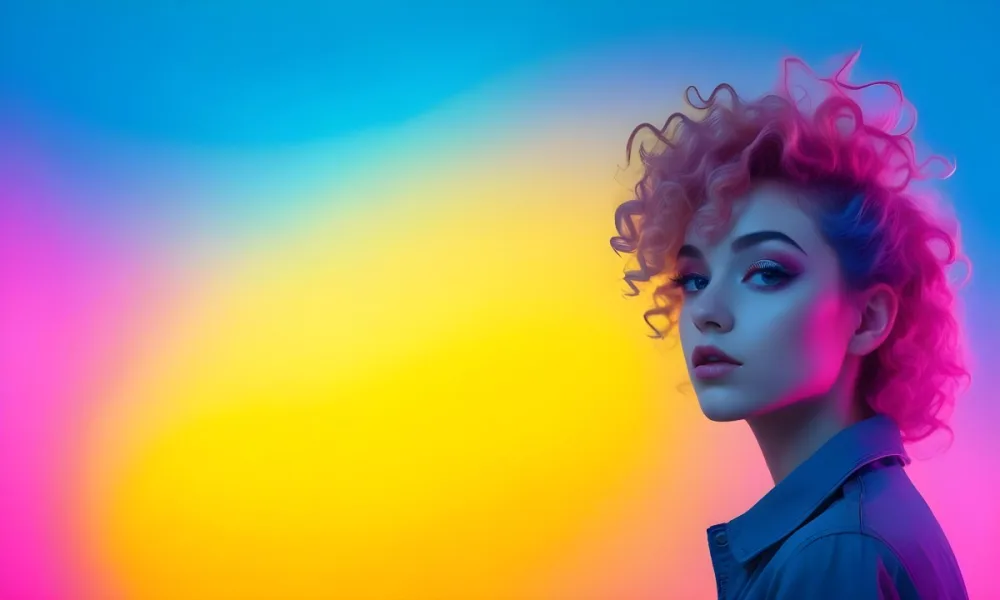 A Young Woman With Fair Skin And Vibrant Curly Hair That Transitions From Pink To Blonde She Has A Striking Profile With Bold Makeup Accentuating Her Features The Background Features A Gradient Of Blue A 55 Bfde