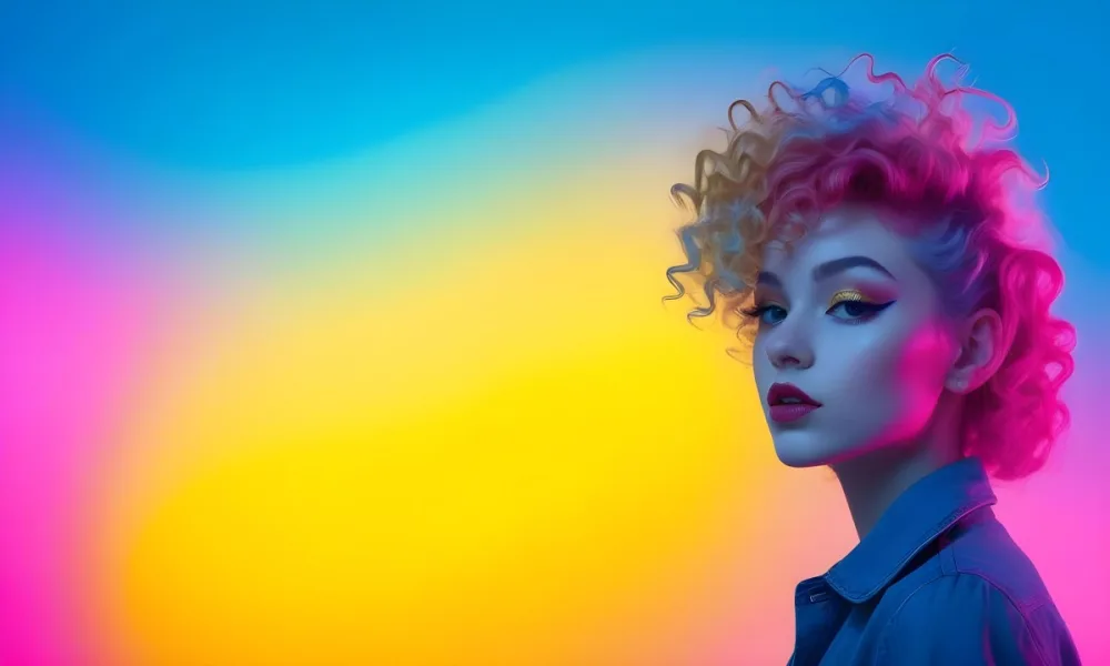 A Young Woman With Fair Skin And Vibrant Curly Hair That Transitions From Pink To Blonde She Has A Striking Profile With Bold Makeup Accentuating Her Features The Background Features A Gradient Of Blue A 62 Af99