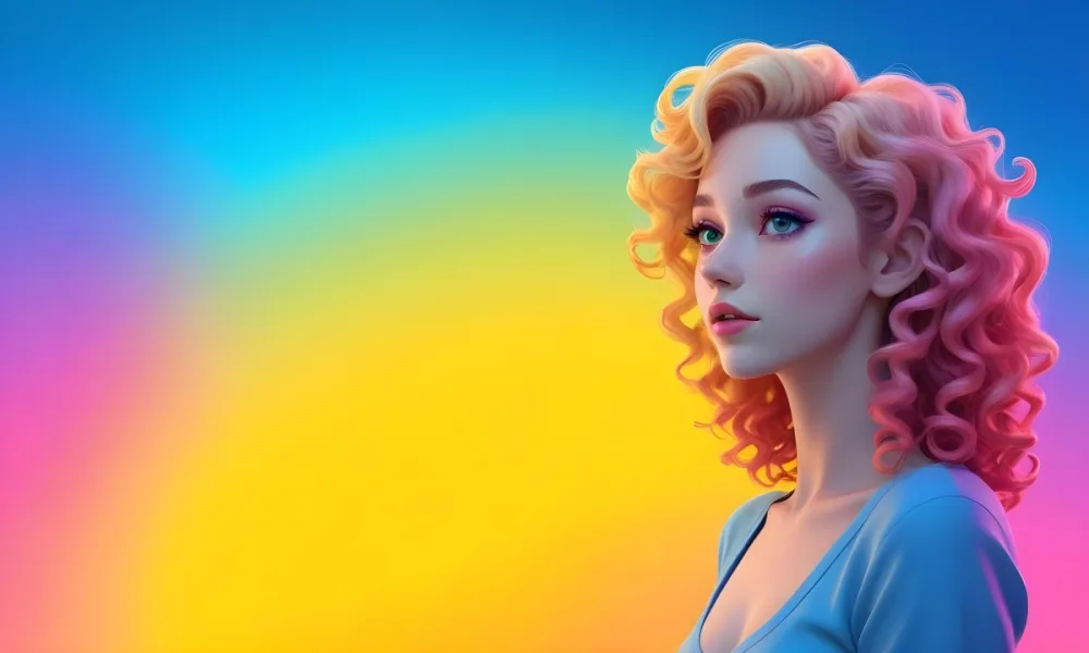 A Young Woman With Fair Skin And Vibrant Curly Hair That Transitions From Pink To Blonde She Has A Striking Profile With Bold Makeup Accentuating Her Features The Background Features A Gradient Of Blue A 66 Cb08
