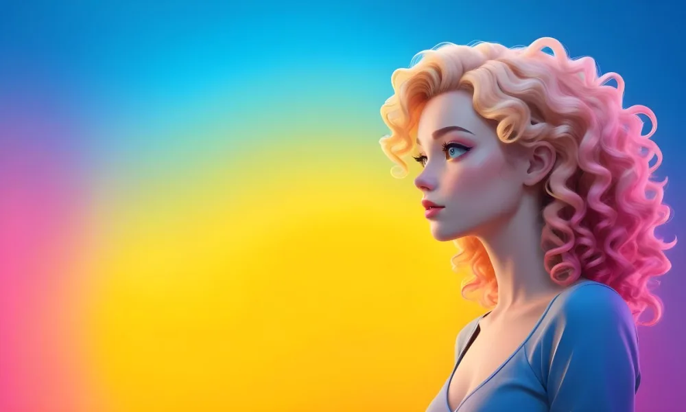 A Young Woman With Fair Skin And Vibrant Curly Hair That Transitions From Pink To Blonde She Has A Striking Profile With Bold Makeup Accentuating Her Features The Background Features A Gradient Of Blue A 70 690b