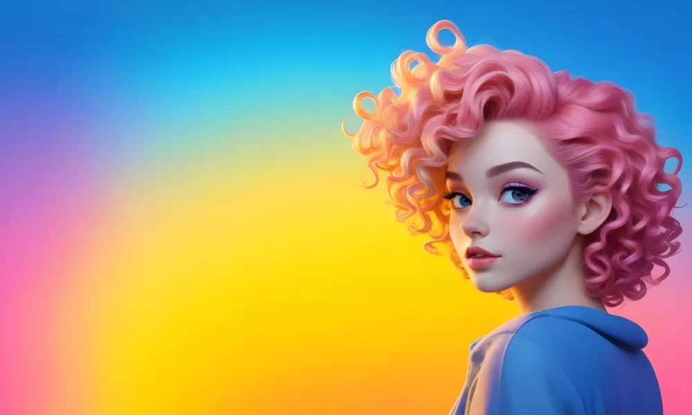 A Young Woman With Fair Skin And Vibrant Curly Hair That Transitions From Pink To Blonde She Has A Striking Profile With Bold Makeup Accentuating Her Features The Background Features A Gradient Of Blue A 73 6ea9