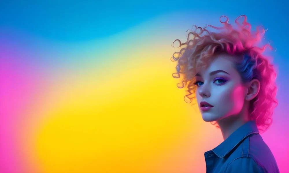A Young Woman With Fair Skin And Vibrant Curly Hair That Transitions From Pink To Blonde She Has A Striking Profile With Bold Makeup Accentuating Her Features The Background Features A Gradient Of Blue A 76 141e
