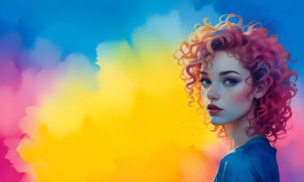 A Young Woman With Fair Skin And Vibrant Curly Hair That Transitions From Pink To Blonde She Has A Striking Profile With Bold Makeup Accentuating Her Features The Background Features A Gradient Of Blue A 83 9311