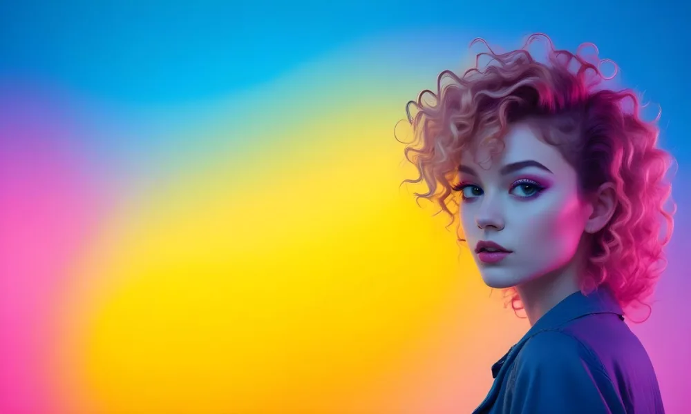 A Young Woman With Fair Skin And Vibrant Curly Hair That Transitions From Pink To Blonde She Has A Striking Profile With Bold Makeup Accentuating Her Features The Background Features A Gradient Of Blue A 86 5ffd