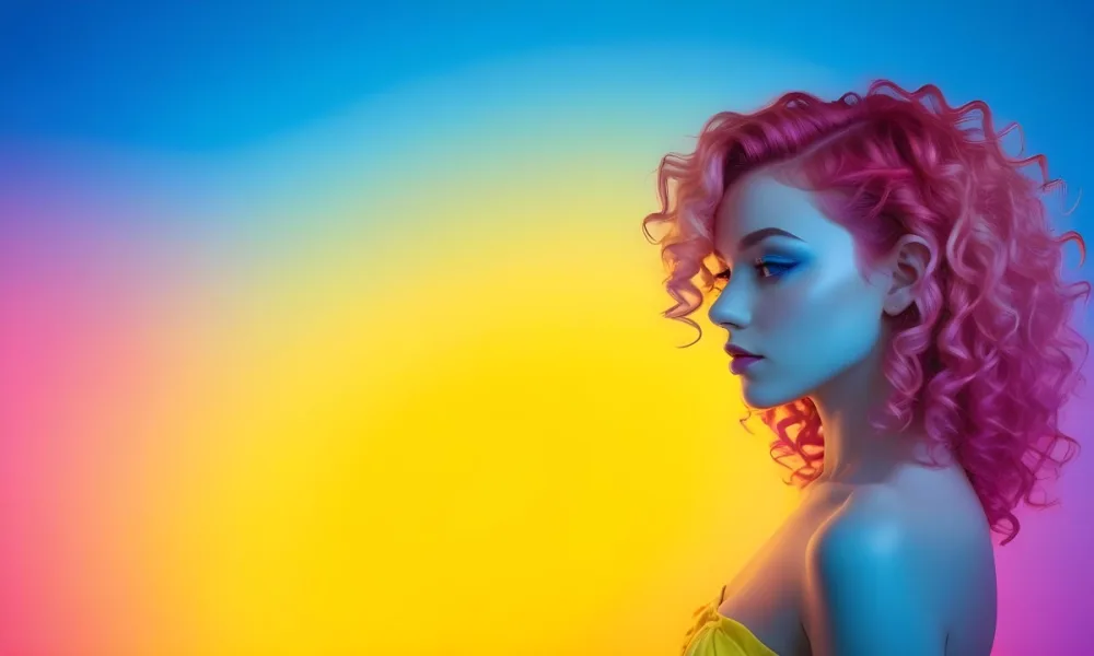 A Young Woman With Fair Skin And Vibrant Curly Hair That Transitions From Pink To Blonde She Has A Striking Profile With Bold Makeup Accentuating Her Features The Background Features A Gradient Of Blue A 87 Aa91