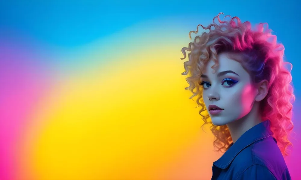 A Young Woman With Fair Skin And Vibrant Curly Hair That Transitions From Pink To Blonde She Has A Striking Profile With Bold Makeup Accentuating Her Features The Background Features A Gradient Of Blue A 89 5aad