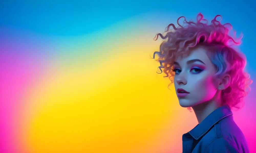 A Young Woman With Fair Skin And Vibrant Curly Hair That Transitions From Pink To Blonde She Has A Striking Profile With Bold Makeup Accentuating Her Features The Background Features A Gradient Of Blue A 9 Fb86