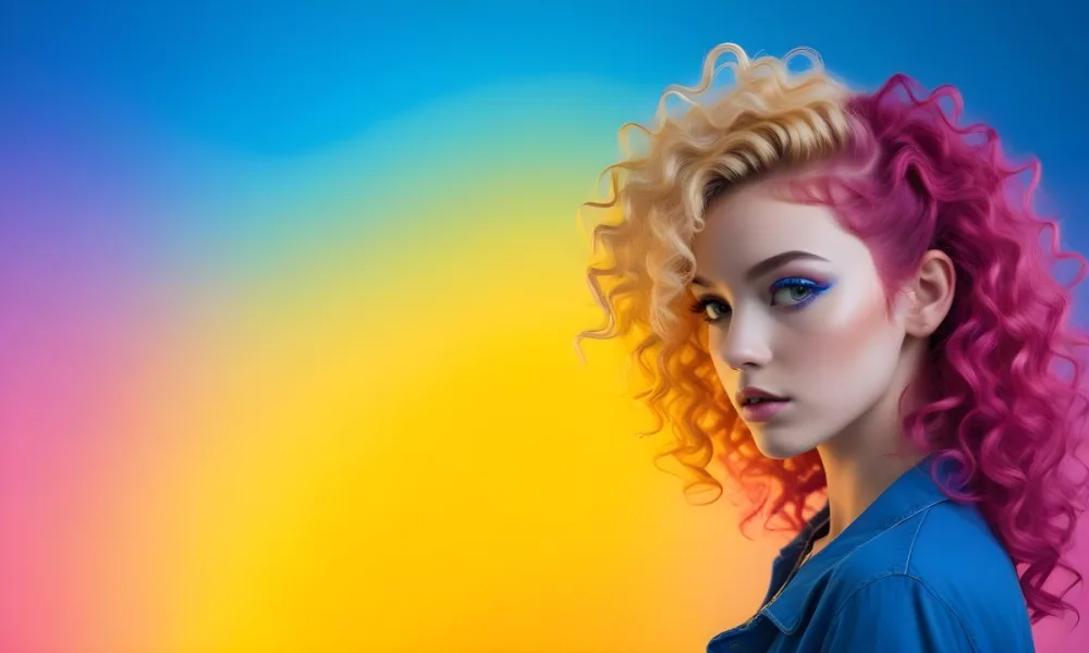 A Young Woman With Fair Skin And Vibrant Curly Hair That Transitions From Pink To Blonde She Has A Striking Profile With Bold Makeup Accentuating Her Features The Background Features A Gradient Of Blue A 91 0481