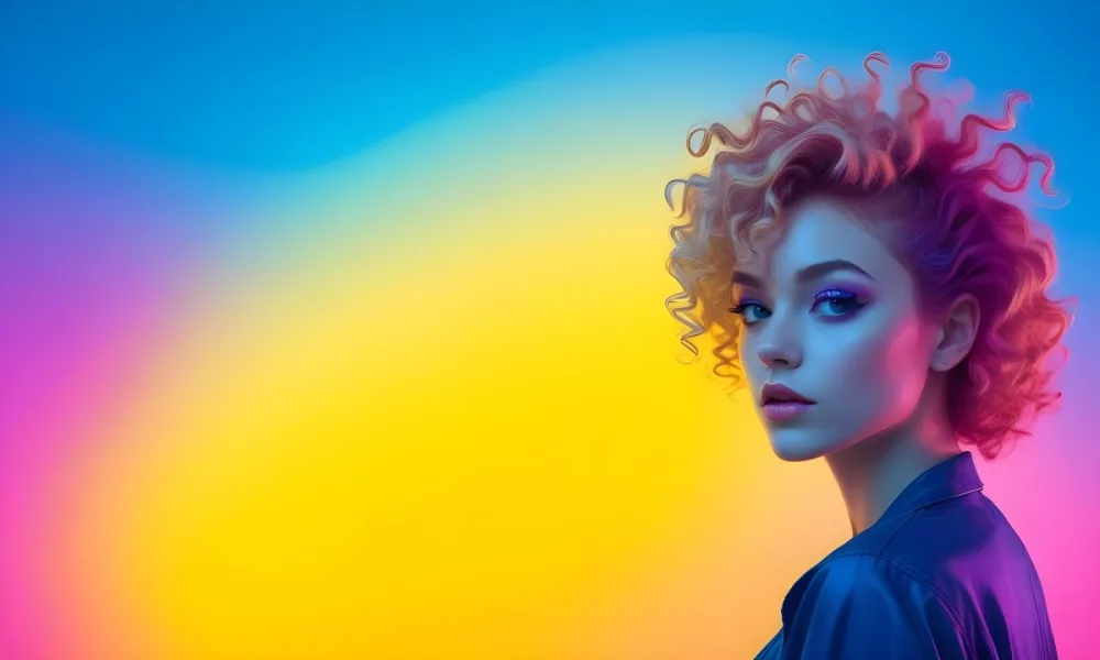 A Young Woman With Fair Skin And Vibrant Curly Hair That Transitions From Pink To Blonde She Has A Striking Profile With Bold Makeup Accentuating Her Features The Background Features A Gradient Of Blue A 93 B70e