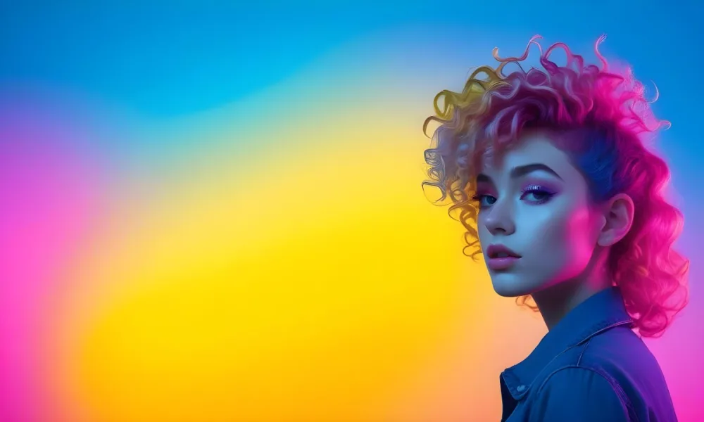 A Young Woman With Fair Skin And Vibrant Curly Hair That Transitions From Pink To Blonde She Has A Striking Profile With Bold Makeup Accentuating Her Features The Background Features A Gradient Of Blue A 95 C457