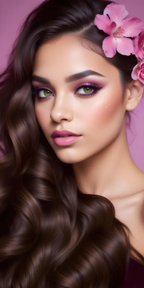 A Young Woman With Light Brown Skin And Long Wavy Dark Brown Hair Adorned With A Pink Flower She Has Striking Green Eyes Bold Makeup Featuring Dark Purple Eyeshadow And Soft Pink Lips The Background Is A Gradient 3 754f
