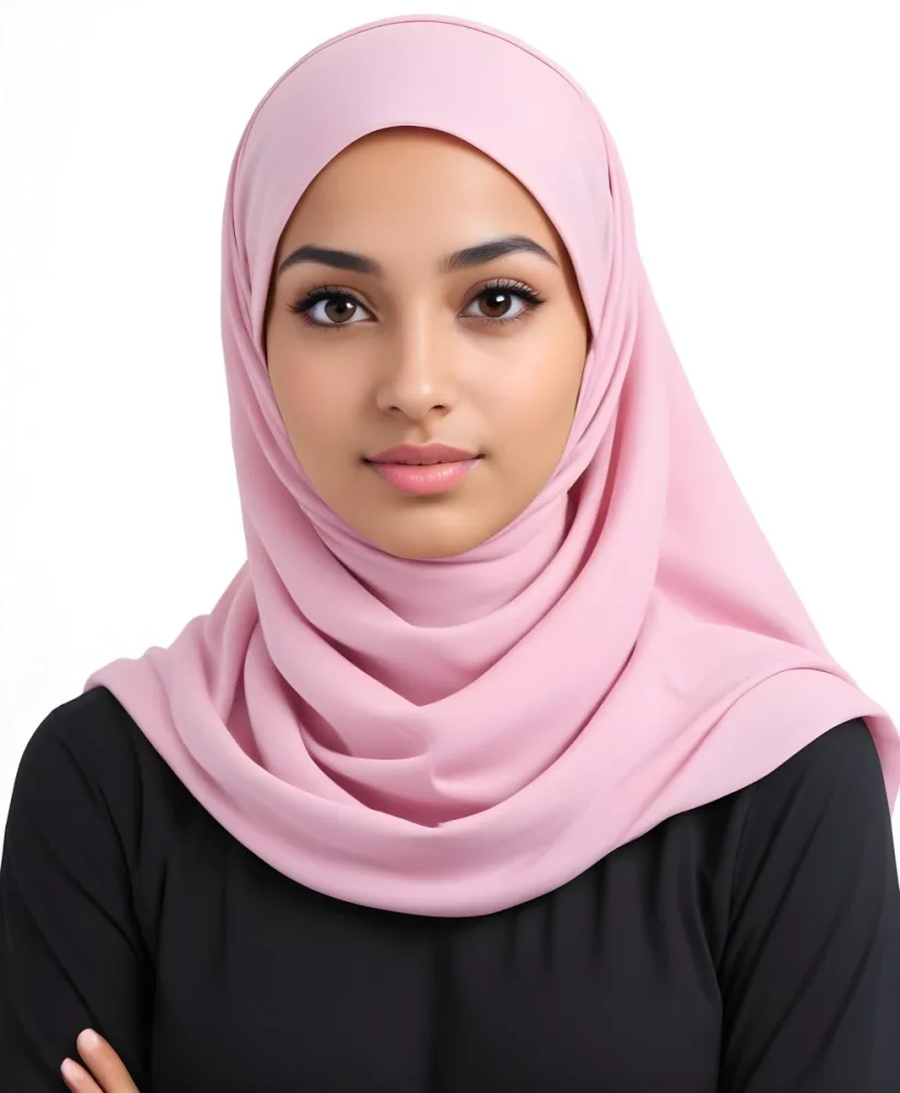 A Young Woman With Light Brown Skin Dark Brown Eyes And Long Dark Hair Wearing A Pink Hijab 14 9d11