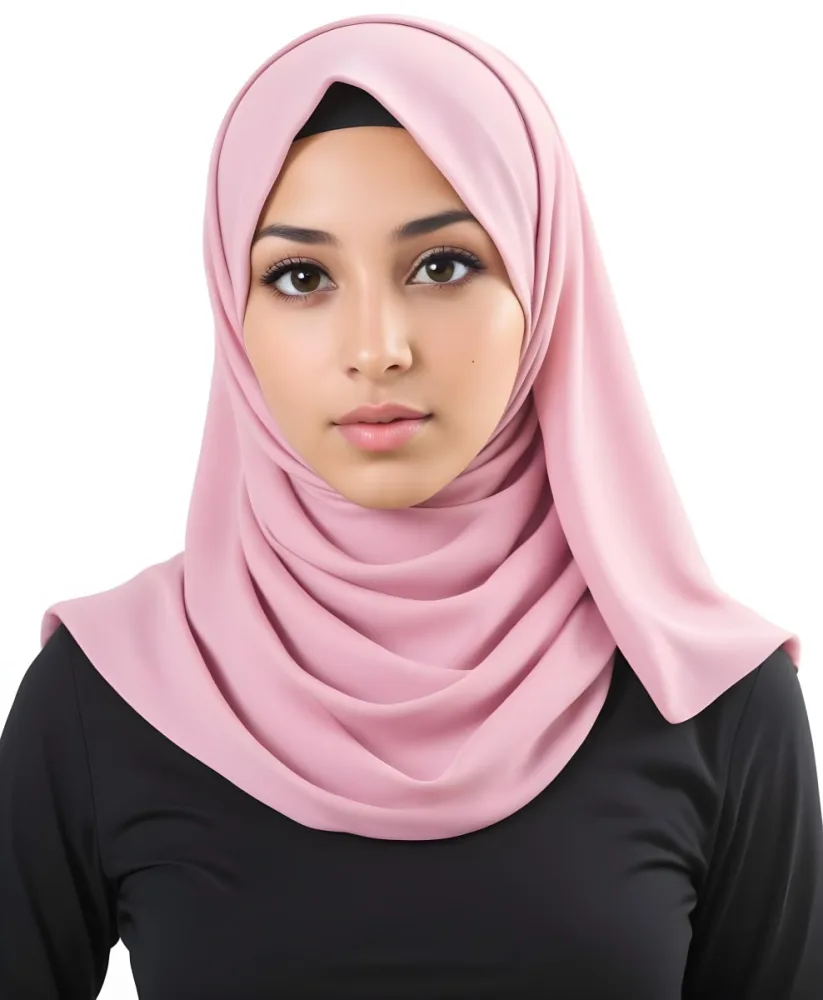 A Young Woman With Light Brown Skin Dark Brown Eyes And Long Dark Hair Wearing A Pink Hijab 23 3d50